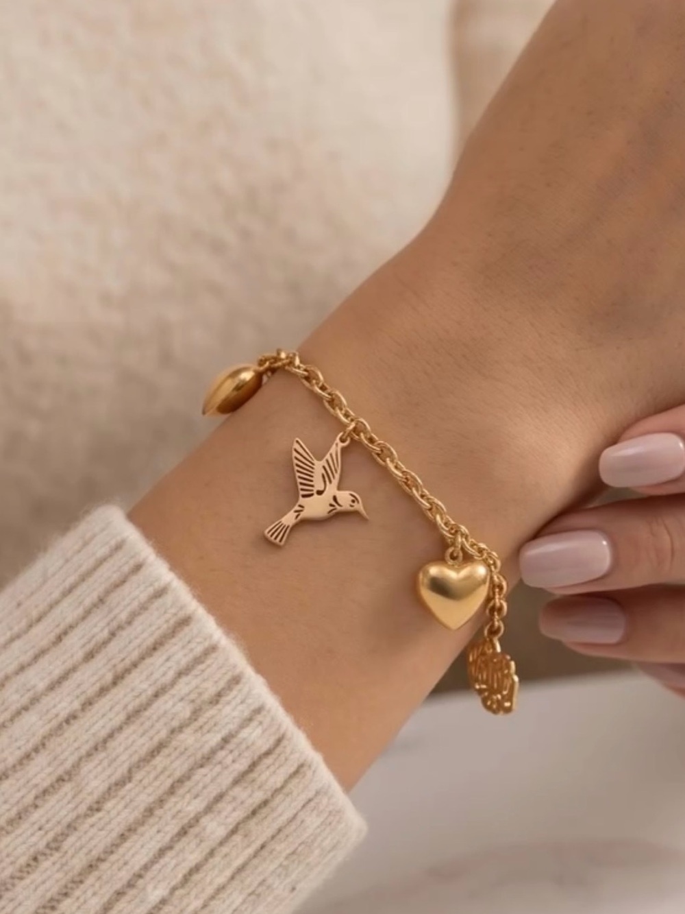 Gold Hummingbird & Heart Charm Bracelet - Women Jewelry
